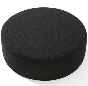 Harga pabrik furnitur rumah tangga kursi pouf lembut bantalan kain ottoman bulat kain hitam boucle