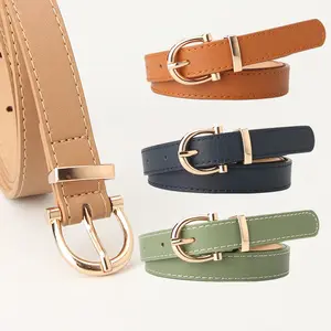 Yiwu Factory Wholesale Women's Leather Belt Solid Color Fashion Thin Waist Belt With Gold Buckle For Jeans Pants Width