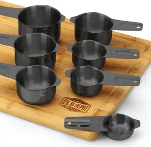 Hot Bán tối grey 7 cái thép không gỉ Heavy Duty đo cup với vòng nối tùy chỉnh kim loại Cà Phê Đo cup Set