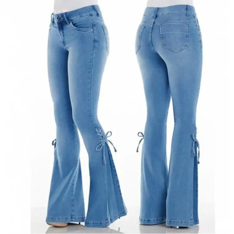 Fashion High Waist Flared Jeans Women Bow Boot Cut Casual Lady Lace Up Trousers Cowgirl Vintage Blue Bell Bottom Denim Pants