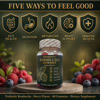 Gummies de Kombucha à Marque Blanche OEM – Probiotiques, Prébiotiques, Thé Fermenté pour la Santé Digestive Intestinale – Complément Alimentaire