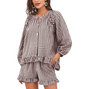 Women Gingham 2 Piece Pajama Set Long Sleeve Ruffle Shorts Sleepwear With <b>Pockets</b> Casual Woven Fabric Soft Comfortable Lounge - Product Image 1
