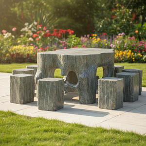 Ensemble de meubles de jardin en granit <span class=keywords><strong>vert</strong></span> naturel sculpté à la <span class=keywords><strong>main</strong></span>, style racine d'<span class=keywords><strong>arbre</strong></span>, table et tabourets carrés pour l'aménagement extérieur - Product Image 1
