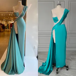 14389 # Echte Fotos Sexy Shiny Beading Slit Satin Backless Mermaid Party Abendkleid Prom Abendkleid für Frauen