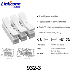 Conectores de Cable Linkconn 932-3, Bloque de Terminales a Presión con Resorte, Contactos de Cobre, Rectangulares Blancos, 15A 600V - Product Image 2