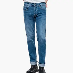 กางเกงยีนส์ผู้ชาย,กางเกงยีนส์สีฟ้ายืดได้4ทิศทางทรงพอดีตัวมีกระเป๋า5ส่วนสั่งทำ