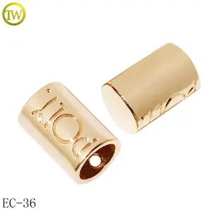 Zinc Alloy Cylinder-shaped Clothing Metal Stopper Gold Plated Engraving Name Double Holes Cord Ends