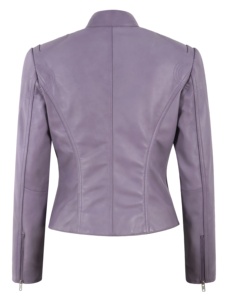 Chaqueta de Mujer Personalizada 100% Cuero Genuino Nappa con Costuras en Contraste Lavanda, Costuras Negras y Naranjas, Herrajes YKK, Venta al por Mayor OEM, Moderna - Product Image 4