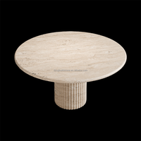 Table à manger ronde sur mesure en marbre travertin blanc et beige, design moderne, écologique, fabriquée par Dougbuild Factory