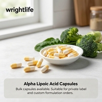 Capsules d'acide alpha-lipoïque en vrac disponibles. Convient aux commandes de marques privées et aux commandes de formules personnalisées.