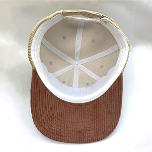 Nouveau design de broderie de logo en velours côtelé mince à bord plat 5 panneaux, chapeaux de papa bicolores non structurés, casquette Snapback - Product Image 2