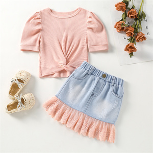 Children's Summer Clothes 2023, Girls Pit Strip Short-Sleeved Top Lace Lace Denim Bag Hip Skirt <strong>Suit</strong> Outfits for Teenage Girls/ - Product Image 1