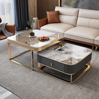 Ensemble de table basse moderne de luxe en bois et en marbre carrée pour le salon extensible en or pour la maison avec tiroirs meubles design en acier inoxydable