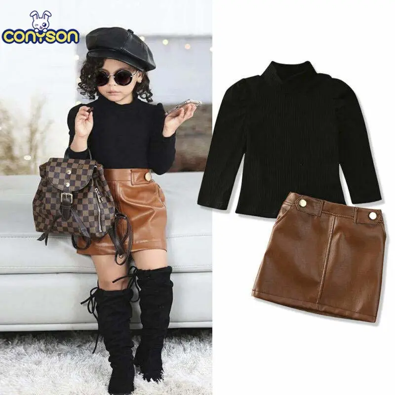 Girls Fashion Clothes 2 Pieces Suit Sweater Tops Hot Sale Kids Solid Color Long-sleeved Top Leather Skirt Girl Clothing Sets