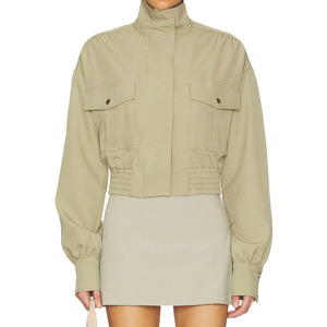 <span class=keywords><strong>Veste</strong></span> courte utilitaire cargo <span class=keywords><strong>kaki</strong></span> pour <span class=keywords><strong>femme</strong></span>, col montant, taille élastique, style streetwear, vêtement d'extérieur automne-printemps pour femmes - Product Image 1