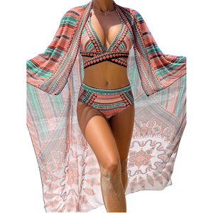 Conjunto de Bikini de 3 Piezas para Mujer, Estampado de Leopardo y Rayas, Cintura Alta, Top Cruzado, Pareo, Spandex/Poliéster, Disponible - Product Image 1