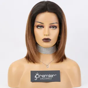 Wig Pendek 8 Inci Yaki Lurus Rambut Remy India Ketebalan 150% Wig Depan Renda Coklat Ombre