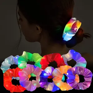 Tali ikat rambut lampu LED, aksesori rambut Satin elastis 3 warna mode cahaya ikat kepala menyala dalam gelap