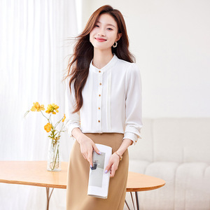 Women's Yellow Chiffon Blouse Long Sleeve <b>Button</b> Front Office Wear Solid Color Polyester Top - Product Image 4