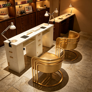 Ensemble de table de manucure avec plateau en marbre et tiroirs, poste de travail moderne pour salon de beauté avec chaise de manucure rembourrée en crème assortie - Product Image 2