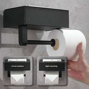 Porte-papier toilette mural moderne avec étagère intégrée, noir, rectangulaire, support de rangement pour salle de bain - Product Image 4