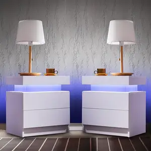 Komidin 2 parçalı LED komidin 2 çekmeceli komidin çekmeceli yan yatak masası ile LED ışık beyaz