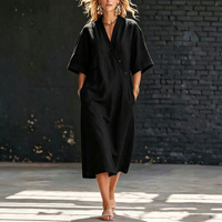 Robe midi décontractée d'été 2026 pour femme en mélange de lin, style bohème, col en V, boutonnée, anti-plis
