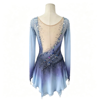 Robe de patinage artistique à manches longues dégradé bleu-violet, ornée de strass faits à la main, en maille, pour performance sur glace, pour femmes et filles