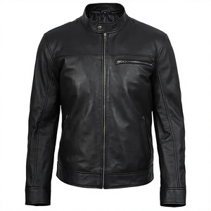 Blouson Moto Homme Noir en Cuir Véritable, Col Montant, Fermeture Éclair, Coupe Droite, Hiver, Chauffant, Imperméable, Logo Avant – Meilleures Ventes - Product Image 1