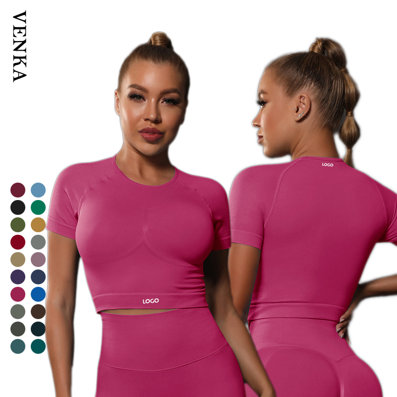 Women Fitness Sportswear Nylon Spandex Breathable Round Neck Short Sleeve Shirt Slim Fit Crop Top Gym Workout Yoga T Shirt