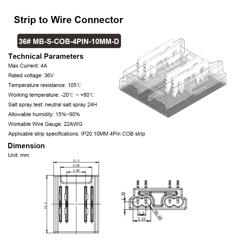 36# MB-S-COB-4PIN-10MM-D : Connecteur COB 4 broches 10 mm