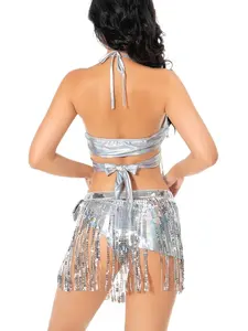 Ensemble bikini métallique 3 pièces, franges à paillettes rave, haut halter dos nu à nouer, jupe de fête à nœuds latéraux et culotte - Product Image 6