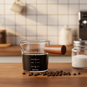 Tasse à mesurer pour café italien 75 <span class=keywords><strong>ml</strong></span> en <span class=keywords><strong>verre</strong></span> isolé avec deux becs verseurs, poignée en bois, pichet triple pour la cuisine, emballé dans une boîte - Product Image 6