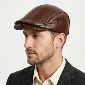 Gorra plana de cuero PU marrón estilo vintage con patrón de cocodrilo en relieve y costuras en contraste, estilo vintage para hombre, uso casual. - Product Image 1