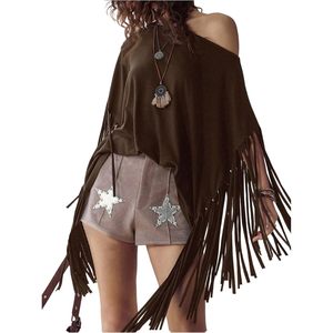 FOXA Haut asymétrique à franges et épaules dénudées pour femme, style bohème, à manches courtes, respirant, pour les loisirs - Product Image 1