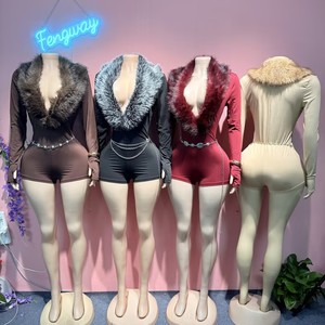 2026 सेक्सी फैशन फर पैचवर्क जंपसूट महिलाओं ठोस रंग गहरे v-गर्दन लंबी आस्तीन एक टुकड़ा रोपर्स - Product Image 2