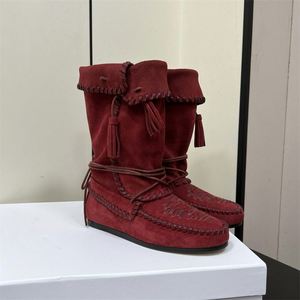 Women's 2025 Autumn New Ankle Square Toe Retro Woven Real Leather Flat Slip-On Tassel Lightweight Western Slouch <b>Boots</b> - Product Image 4