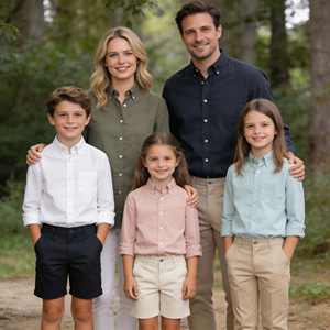 OEM ODM 디자인 긴팔 버튼업 셔츠 남성 소년 소녀용 매칭 대나무 면 버튼다운 셔츠 트윌 팬츠 반바지 - Product Image 1