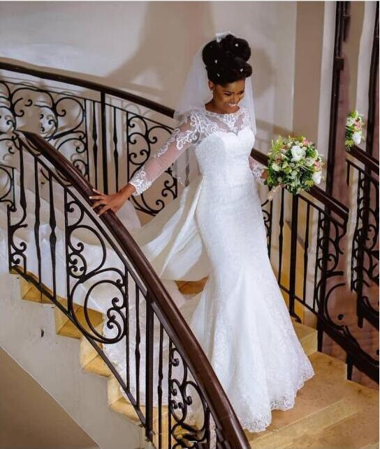 Lace Mermaid Wedding Dress - Full Sleeves & Detachable Train