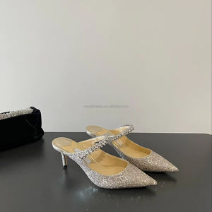 Chaussures JimmysChoos pour femmes, design de marque, en cuir véritable, hauteur 6,5 cm, style classique, chaîne diamantée, demi-mules ornées de cristaux - Product Image 3