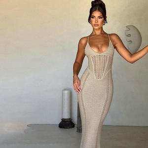 Robe longue moulante sexy pour femme, tricotée, ajourée, dos nu, fendue, pour l'été, tenue de soirée et de club, collection 2025 - Product Image 5