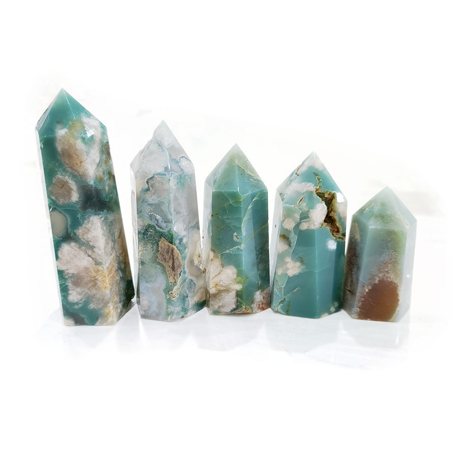 Green Flower Agate Tower - Natural Cherry Blossom Agate