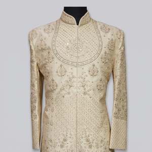 ELEGANT-BEAUTIFUL EMBROIDERY on GROOM SHERWANI and <b>PANT</b> WITH EMBELLISHED CRYSTAL GLASS BEADS,DABKA,STONE WORK for WEDDING=2024 - Product Image 4