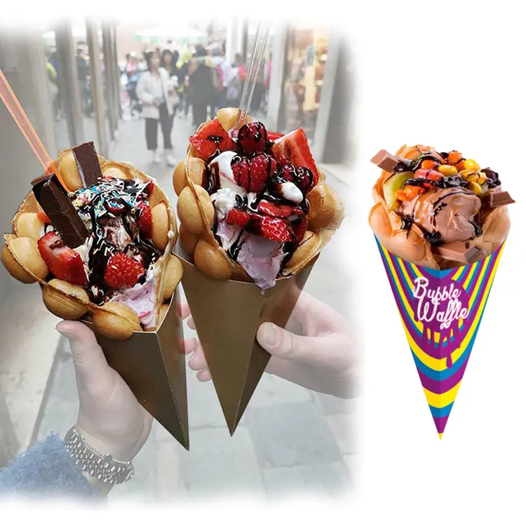 Disposable Hot Food Grade Paperboard Triangle ice cream Packaging Pizza Packing Egg Bubble Waffle Holder Paper Crepe Cone