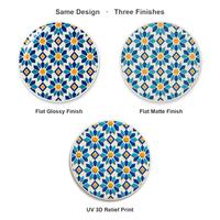 Sous-verre en céramique rond de 10,8 cm, motif carreaux floraux turquoise et jaunes, impression UV émaillée, base en liège, pour décoration de table basse, cadeau