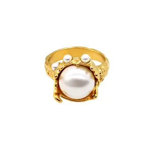 Fashionable Simple Belt Three Pearl Retro Style Stainless Steel Ring