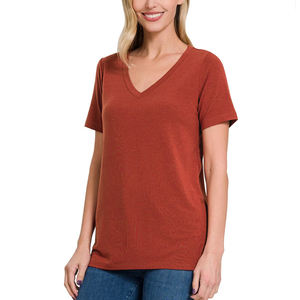 T-shirt ample décontracté à col en V pour femme, coupe classique, en coton uni, manches courtes, respirant, écologique, confortable pour tous les jours - Product Image 6