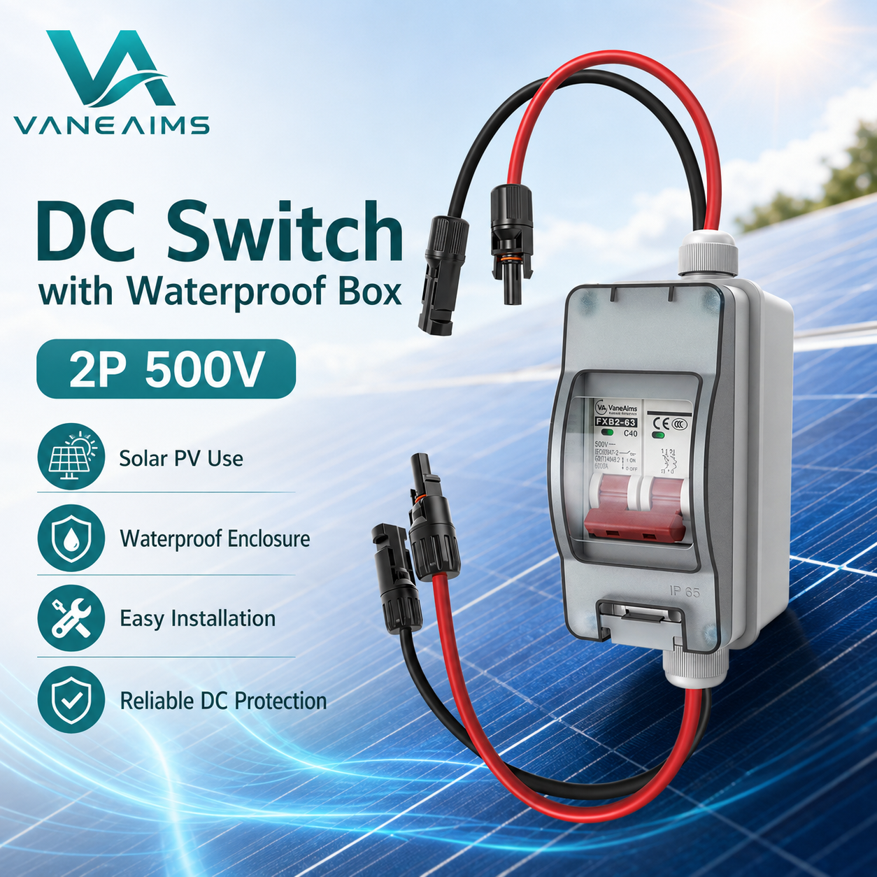 Vaneaims IP65 DC500V 1in 1out 16/20/32/40/50/63A Solar Panel Circuit Breaker PA66 Junction Box 1sting Solar Disconnect MCB Type · image 1