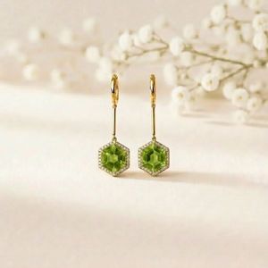 Peridot Gemstone <b>Earrings</b> Hexagon Cut Drop <b>Earrings</b> with CZ Accent Elegant Green <b>Dangle</b> <b>Earrings</b> in 925 Sterling <b>Silver</b> - Product Image 1