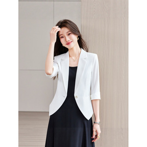 Women's Slim Fit Blazer Three Quarter Sleeve Solid Color Wool Blend Suit Jacket For Office Wear - Product Image 3